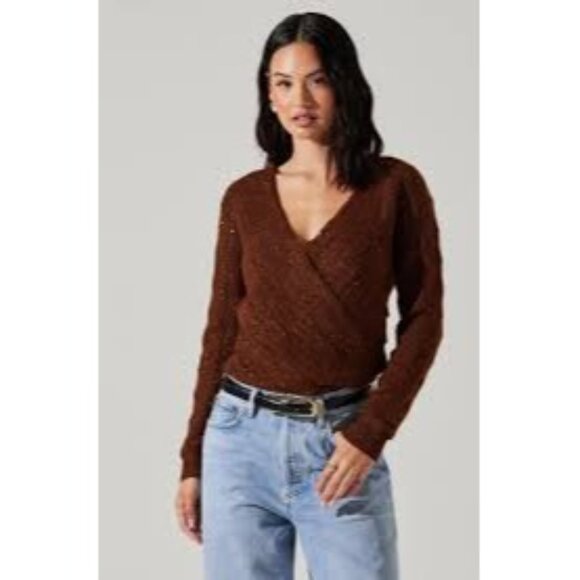 ASTR Brown V-Neck Wrap Sweater Vivid Bold Metallic Old Money Surplice Sweater XL - Picture 1 of 5
